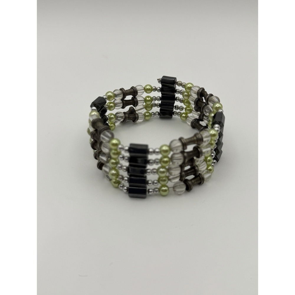 Magnetic Beaded Wrap Bracelet Single Strand Green‎ Black Silver 35" Long